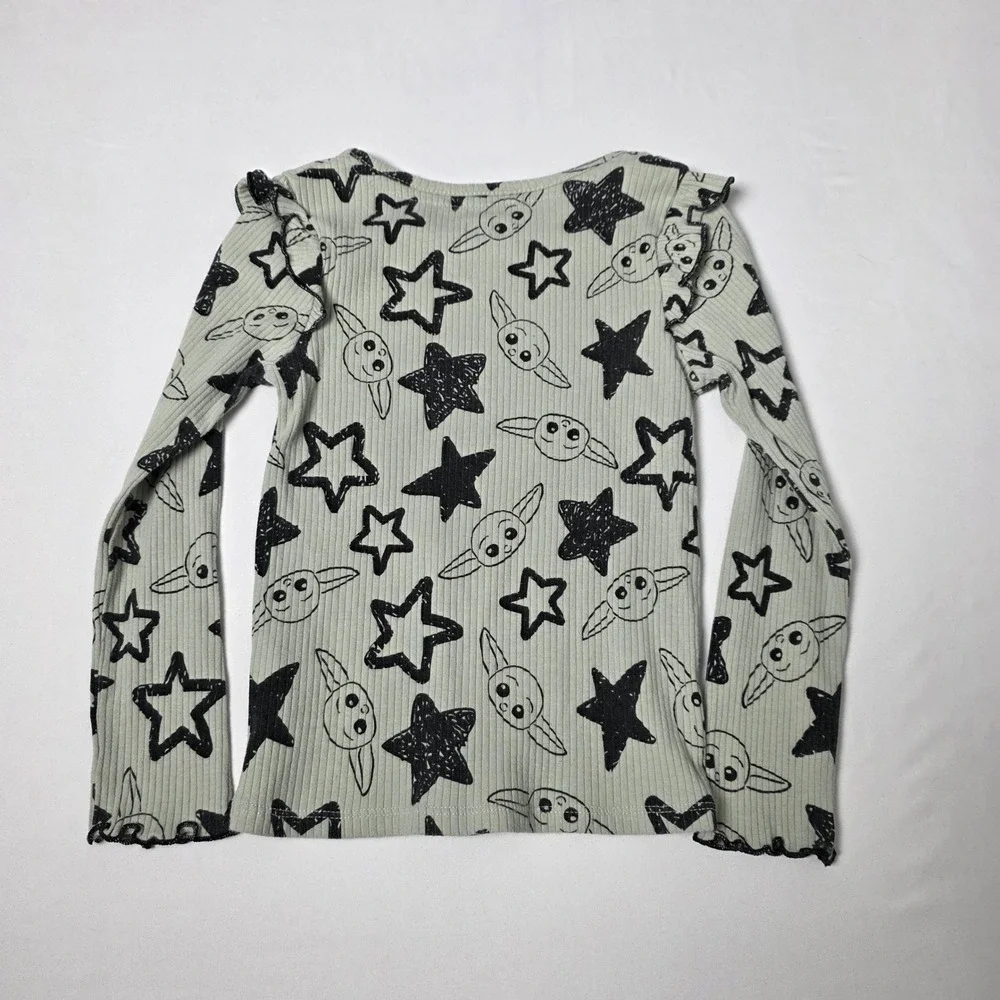 Star‎ Wars Grogu Long Sleeve Shirt Kids 5T Desert Sage Green Ribbed Ruffle Star